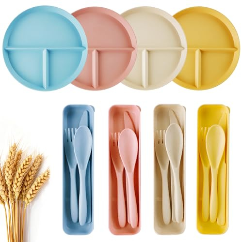 DIYJEP 4 platos divididos con 4 cubiertos de viaje, platos de plástico irrompibles de 23 cm, plato de dieta de control de porciones, plato de picnic reutilizable con vajilla de camping para uso diario