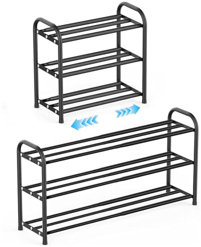 Kongming Skohylla metall svart, skohylla utdragbar smal, skoförvaring platsbesparande skoförvaring justerbar 43 till 78 cm bred för skåp, entré, hall, hall (3 våningar)