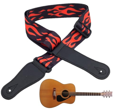 Generico Cintura di chitarra - di chitarre elettriche regolabili con design allargato per comfort, per strumenti musicali, elegante pattern di fiamma per donne, uomini, rock, band, palcosceni