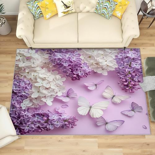 Genérico Franela Alfombras de Habitacion Antideslizantes 60x90 cm Mariposa Lila Blanca Tapete Suave Que No se Desprende, PúRpura Alfombras para Interiores para Sala, Dormitorio, Comedor