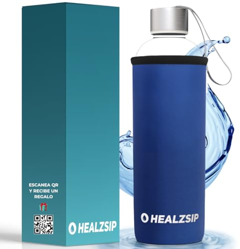 Healzsip Botella Agua Cristal 0,5 Litro + Funda Neopreno + Guía + Calculadora | Botella Vidrio Borosilicato | Reutilizable y Apta para Lavaplatos | Glass Water Bottle | Ideal para Casa y Oficina