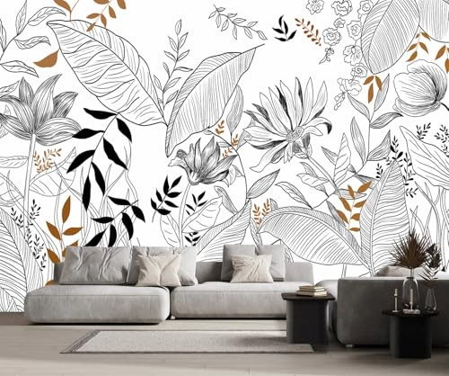 MIWEI Wallpaper Carta Da Parati Foglie Bianche E Nere Semplici | Moderna Fotomurali 3D Carta Da Parati Moda Cameretta Pittura Murale -MW255440-380cmx260cm