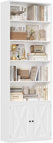 FirFurd Libreria Scaffale 209 cm con 7 Scomparti Aperti, libreria Verticale con Ante, Libreria da Parete con Ripiano Regolabile, per soggiorno, ufficio, cucina, 60 x 23,5 x 209 cm (Bianco)
