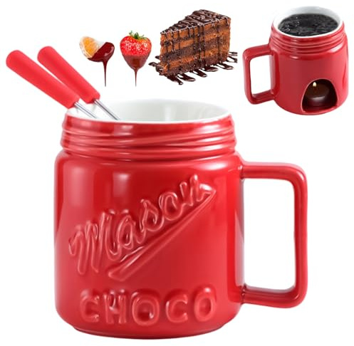 YAOPIU Fondue Chocolat Bougie Ceramic, 200ml Tasses À Fondue Au Chocolat avec 2 Fourchette, Melting Pot De Fromage, Beurre Et Caramel, 11x12,5cm