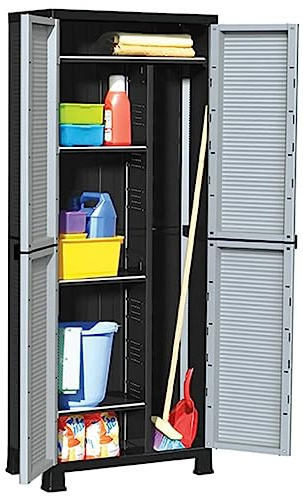 Runheo Kunststoffschrank 68x39x171,5 cm Grau, Robuster Mehrzweckschrank mit 2 Türen und 6 Fachböden, Abschließbarer Vorratsschrank für Garage, Büro, Küche, Werkstatt, 20 kg Traglast pro Boden
