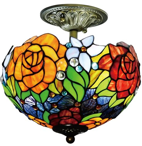 Msrzuds Tiffany Stained Glass Flush Mount Ceiling Light Vintage Rose Floral Semi Flush Mount Fixture with Antique Bronze Base W12xH11 Inches for Bedroom Hallway Entryway UL Listed