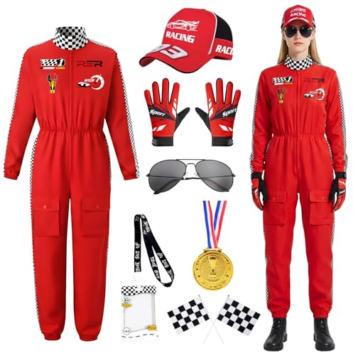 COYBTO Disfraz de Piloto de Carreras para Mujer, Mono con Guantes, Gorro Y Gafas de Sol, Adulto Juego de Rol Disfraces, Traje Completo de Piloto de Carreras para Carnaval Fiestas Halloween (Rojo, XL)