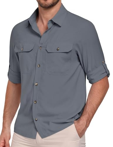 Xnova Camicia Trekking Uomo a Maniche Lunghe UPF50+, Funzionale Camicie Abbottonata Safari Traspirante Tempo Libero Protezione UV Tops con Tasche (Blu 02, XXL)