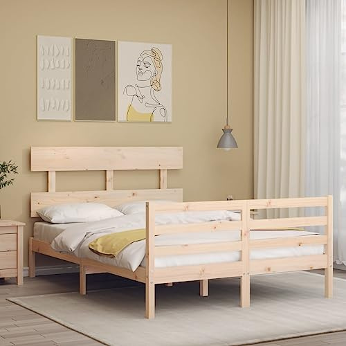 Bucmath Massivholzbett Kiefer Natur 140x200 cm, Robustes Bettgestell mit Kopfteil, langlebiges Holz-Bett für Schlafzimmer, stabiles Plattformbett, einfache Montage, modernes Design