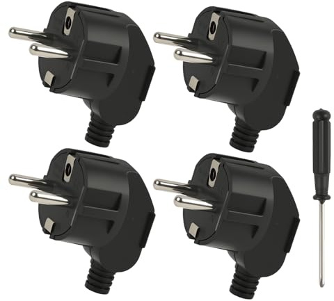 4 Stück Schuko Stecker Schukostecker, IP44 Winkelstecker 230V 16A, flacher Schutzkontakt Stecker mit Knickschutztülle, Schraubmontage ohne Löten, robuster Schukostecker für Innen- und Außenbereich