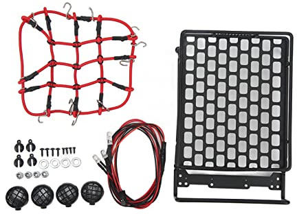 Universal RC Car Roof Rack, 1/10 Scale RC Accessories, LED Lights Equipped Luggage Rack with Net for 1/10 1/12 1/14 Scale RC Cars, Durable Iron and Plastic Construction (Round Lamp)