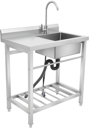 Owneed Fregadero de cocina independiente de acero inoxidable, con armario inferior, capacidad de carga de 100 kg, un grifo giratorio 360°, para exterior, interior, cocina, restaurante, bar (80 x 55 x