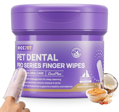 HICC PET Pro Dental Wipes for Dogs, Finger Toothbrush Targets Plaque & Tartar, No-Rinse Oral Care for Dogs & Cats, Gentle Gum Protection, Peanut Butter Flavour, 50 Count