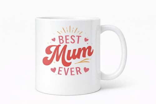 Vacso Trading Best Mum Ever Mug – Cute Mother’s Day Coffee Cup | Heart Design Gift for Mom, Mama | Birthday, Christmas & Mother’s Day Present | Pink Typography Tea Mug for Mum