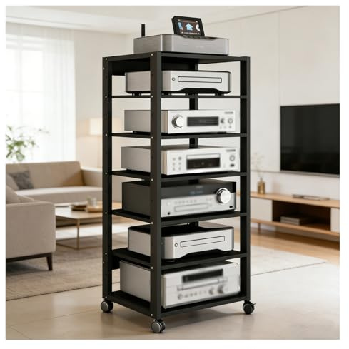 Generico Rack Audio Mobile con Ruote Universali,Mobiletto Portaoggetti Stereo Audio A 7 Ripiani,Mobile Stereo Hi Fi Rack HiFi per Soggiorno, Ufficio, Home Theater,Supporto TV Angolare(Nero)