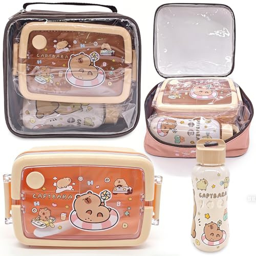 Spiritzohic Capybara Insulated Lunch Bag Set, Childrens Capybara Lunch Box Set, 800ml Bento Box and 350ml Leak Proof Water Bottle, for School Work Picnic Travel Beach, Gifts for Children