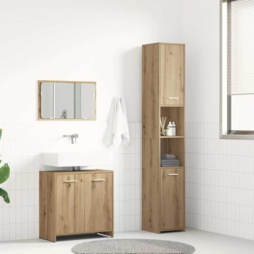 Keeushr 3-TLG. Badmöbel-Set Artisan-Eiche Holzwerkstoff mit Waschbeckenunterschrank und minimalistischem Spiegel für reichlich Stauraum, Pflegeleichte Oberfläche und langlebige
