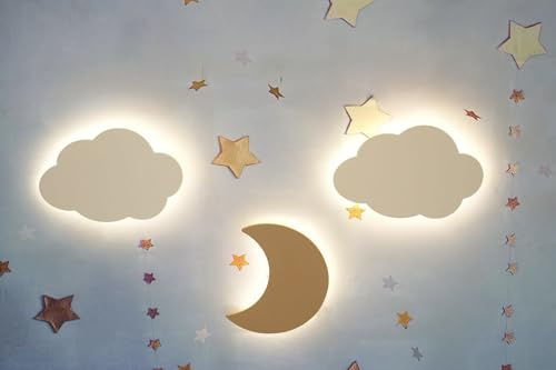 EUNOIA DREAM Pack de 3 Apliques Lámparas de Pared LED 1 Luna - 2 Nubes, Quitamiedo Habitación Infantil, Luz Nocturna Bebés y Niños, Luz Cálida, Ideal recién nacidos Baby Shower, Sin Cables Peligrosos
