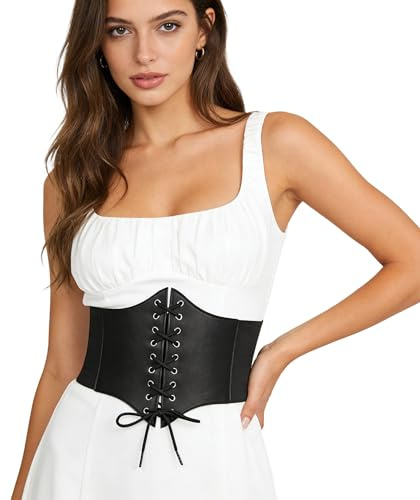 AISOO Ceinture Corset Élastique Large pour Femme et Fille - Lacets Attachés Vintage en Cuir PU - Noir Taille Unique