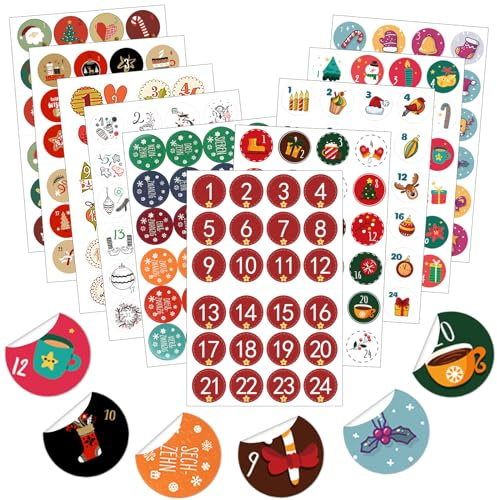 Adesivi Calendario Avvento, 240 Adesivi Natale, Numeri Calendario, Adesivi per Calendario dell'Avvento con Numeri, Adesivi Natalizi Stickers Natale per Calendario dell'Avvento per il fai da te
