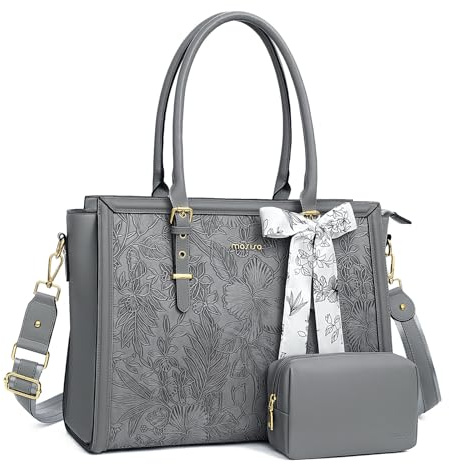 MOSISO Borsa Tote Laptop Donna,15,6-16 Pollici PU Pelle,Compatibile con MacBook,HP,Dell,Asus Notebook,Borsa Computer con Stampa Frontale Rilievo Ibisco Retro, Sciarpa Seta e Pochette,Grigio