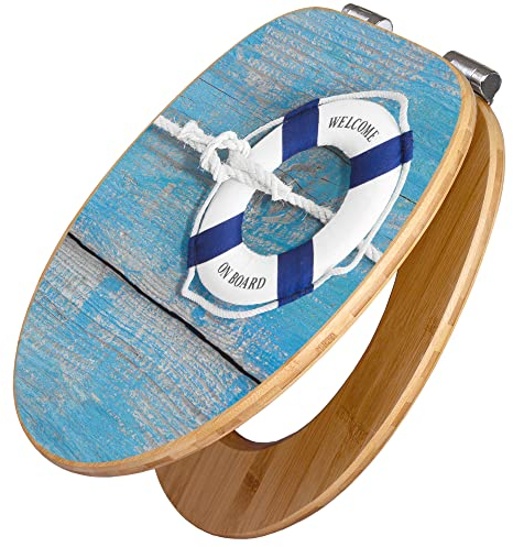 banjado Design WC Sitz Bambus Absenkautomatik 45,8x37,5cm / Toilettendeckel mit Absenkautomatik Holz/hochwertiger Bambus Klodeckel/WC-Sitz für gängigen Toiletten/Motiv Blauer Rettungsring