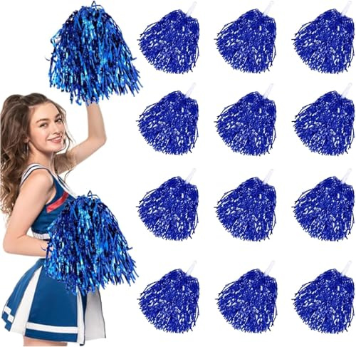 Funmo Pack of 12 Cheerleading Pom Poms, Sports Pompoms, Cheers Ball Pompoms for Sports Events, Ball Games, Dances, Carnival Parties (Blue)