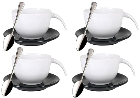 jUEGO 4 TAZAS CAFE CON LECHE DE PORCELANA 280cc + PLATO - TAZA DEPORCELA Y CUCHARAS DE METAL