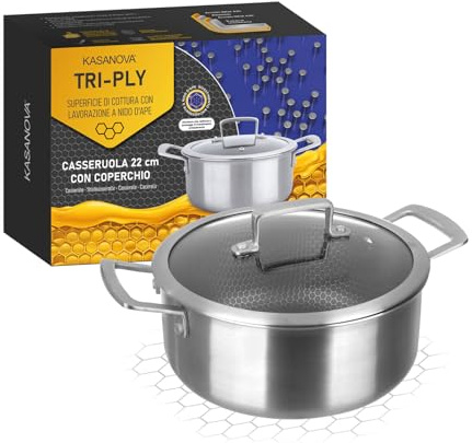 KASANOVA casseruola antiaderente induzione Tri-ply, casseruola con coperchio in vetro, rivestimento antiaderente indistruttibile a 3 strati (Casseruola 22 cm)