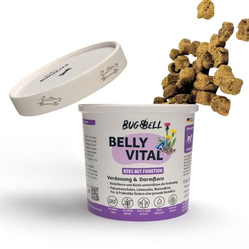 BugBell 8 x 150 g hundkex, hälsosamt godis med funktion, utan spannmål, utan socker, allergivänliga, blåbär och loppfrön & probiotika för avgiftning och avgiftning, purinfattigt insektprotein