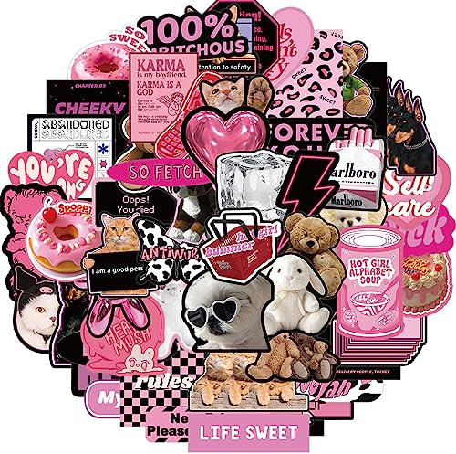 Cool But Cute Y2K Stickers (55 Pieces),Kawaii, Black & Pink Themed, Waterproof,Stickers for Kids, Girls, Teens, Laptop, Water Bottle, Bikes, Motorcycle Skateboards,Luggage, Phone Case (Black Pink)