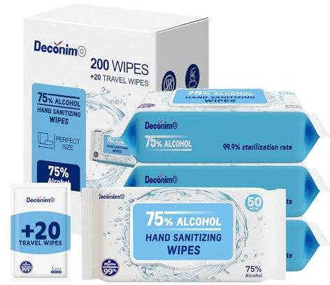 Advanced Large 75% Alcohol Hand Sanitizing Wipes, 4 Packs of 50 (200 count +20 travel wipes) - (Each Wipe Size 6 x 8)