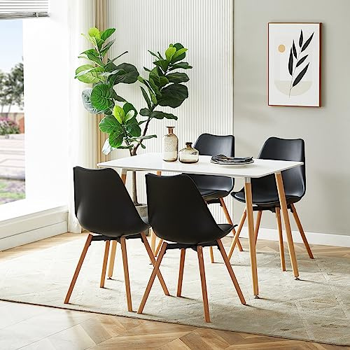 LafeuR Esszimmergruppe Esstisch mit 4 Stühlen, Rechteckig Küchentisch-Set Essgruppe für Küche Esszimmer und Wohnzimmer (Weiß Tisch+4 Schwarz Esszimmerstühle), SG-1W+OT-4B