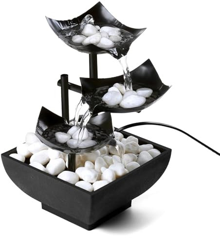 Generic Fontaine à eau de table à 3 niveaux, intérieur/extérieur, salon, chambre, bureau, décoration, 21 cm de haut, circulation de l'eau, métal, noir