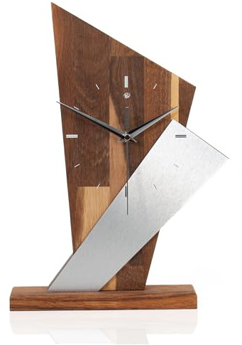 Kreative Feder Designer-Standuhr „Brown Square“ aus Massivholz – Tischuhr in modernem Metallic-Look ohne Ticken (leises Funkuhrwerk, Eiche geräuchert)