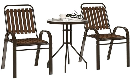 Outsunny Conjunto Jardín Exterior de 3 Piezas Juego de Muebles de Jardín con 2 Sillas Apilables Mesa con Encimera de Vidrio Templado y Estructura de Acero para Terraza Patio Balcón Marrón Oscuro