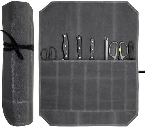 HXSYKJDM Knife Roll Bag, Waxed Canvas Knife Bag, 7 Slots Knife Cutlery Tool Roll Case, Chefs Knife Roll Bag for Camping Hold Home Kitchen Knife Tools