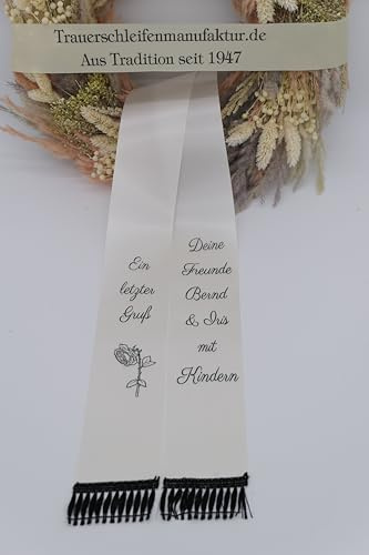 SuperSatin Trauerschleife mit Text, Grabsgesteckband nach Wunschtext, Urnen- Grabstrausschleife, Kranzschleife Verschiedene Breiten (Natur, 12,5 cm für Gesteck oder Kranz)