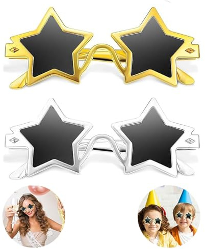 ZHAOYCSH stjärnformade solglasögon, 2 stycken pentagram solglasögon – roliga festglasögon för vuxna och barn, okrossbara fotorekvisita för cosplay och maskeraddräkter (guld och silver)