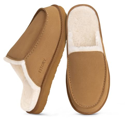 FITORY Men's Warm Suede Slippers,Winter Comfy Casual Fuzzy Lined Leather House Shoes for Indoor Outdoor Matte Brown Size 8.5