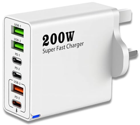 200W USB C Charging Station with 6 Ports, Multi USB Charger with PD 100W/65W/45W/20W Fast Charging Multi Charger usb Plug uk Compatible with MacBook, iPhone, Samsung, Tablets and USB-C Devices