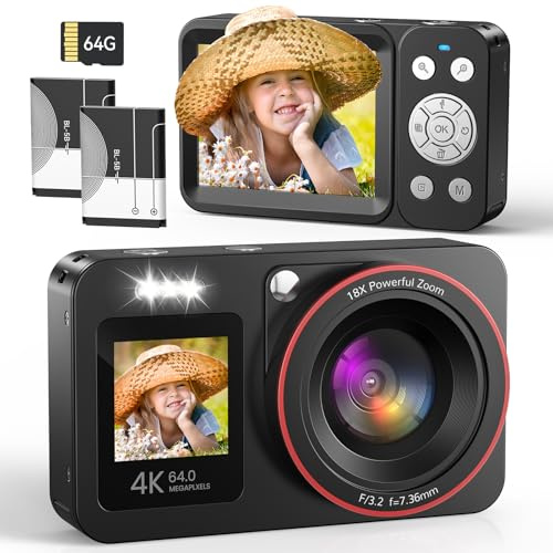 Digitalkamera 4K 64MP Vlogging Fotokamera Kompaktkamera 18X Digitalzoom Kamera für Kinder mit 2 Bildschirme, 2 Batterien, 64GB SD Karte für Kinder Teenager Anfänger, Schwarz
