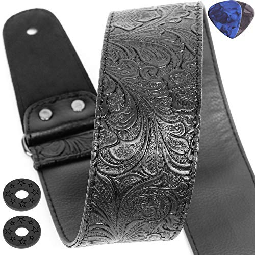 Anwenk Guitar Strap, Printed Leather Guitar Strap PU Leather Western Vintage 60's Retro Strap with Genuine Leather Ends for Electric Bass Guitar,Wide Adjustment Range, with Tie,Include 2 Picks,Black