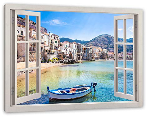 Pixxprint Wundervoller Blick auf Cefalu, Fenster, Größe: 120x80cm, Leinwandbild, fertig gespannt, Wandbild, Dekoration, Kunstdruck, kein Poster