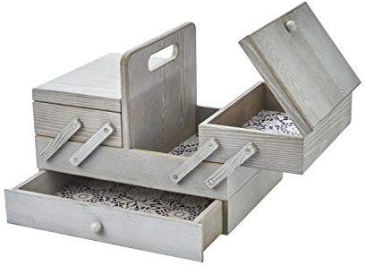 Sewing Online Freischwinger-Aufbewahrungsbox aus Holz, 31 x 23 x 24 cm, gewaschenes Grau mit Spitze inspiriertes Design-Interieur
