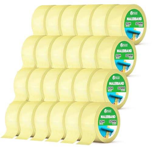 V1 TRADE Ruban Masquage Peinture - Ruban Crêpe 50mm x 50m 24 pièces - Imperméable Bande Cache Peinture - pour Peintres, Artistes et Designers – Sans Trace - n'endommage pas la Surface
