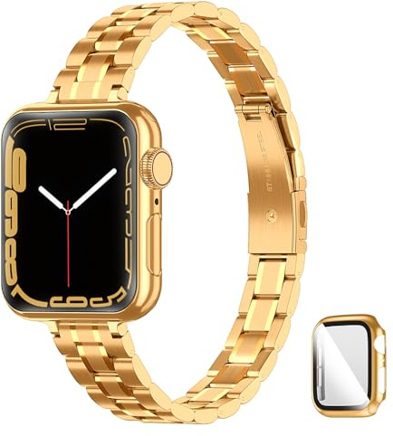 CSJCUBIC Bracelet en métal compatible avec Apple Watch 38 mm, 40 mm, 41 mm, 42 mm, 44 mm, 45 mm pour femme, bracelet de rechange fin et réglable en acier inoxydable pour iWatch Series 7654321SE (or,