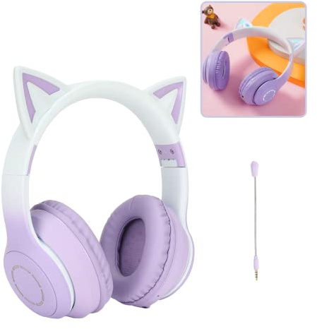 Cat Ear-hörlurar, Trådlösa Spelheadset Via Bluetooth 5,1/3,5 Mm AUX-kabel, Hopfällbara Hörlurar med 7 Färger LED-lampor och 4 LED-lägen för Flickor, Vuxna(Violett)