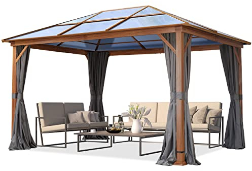 TOOLPORT Gartenpavillon 3x4 m Holzoptik, ca 8 mm Polycarbonat-Dach, 4 Seitenteile in grau