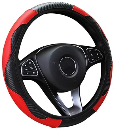 VidFair Car Steering Wheel Cover Leather,Anti-slip Breathable Carbon Fiber Sports Elastic Band Without Inner Ring Steering Wheel Cover Universal Size for Fit Four Seasons(Black-Red)